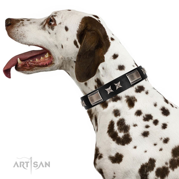 Handy use soft to touch leather dog collar with decorations