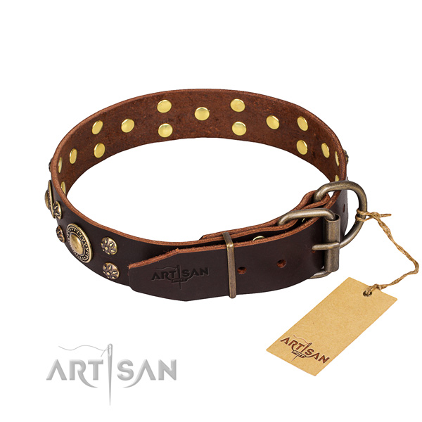 Daily walking full grain genuine leather collar with decorations for your doggie