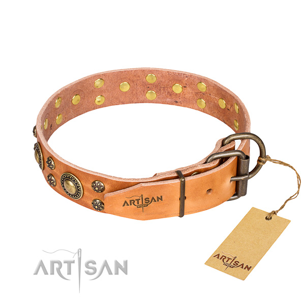 Walking full grain genuine leather collar with decorations for your four-legged friend