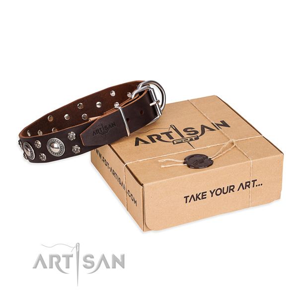 Casual style leather dog collar with elegant decorations