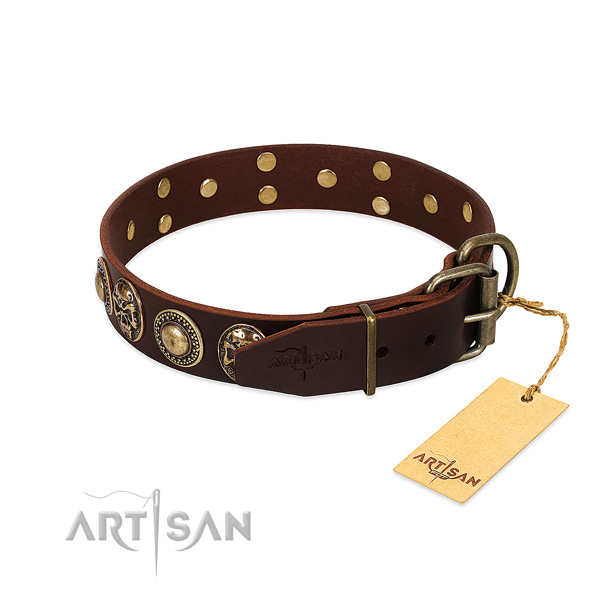 Daily walking genuine leather collar with decorations for your doggie