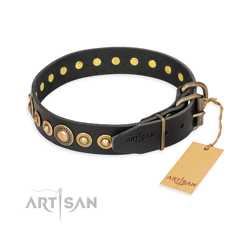 Gold Mine FDT Artisan Black Leather dog 【Collar】 with Amazing Bronze-Plated  Round Studs : K9 Equipment: K9 Muzzles, Dog Harnesses, K9 Collars, Leashes