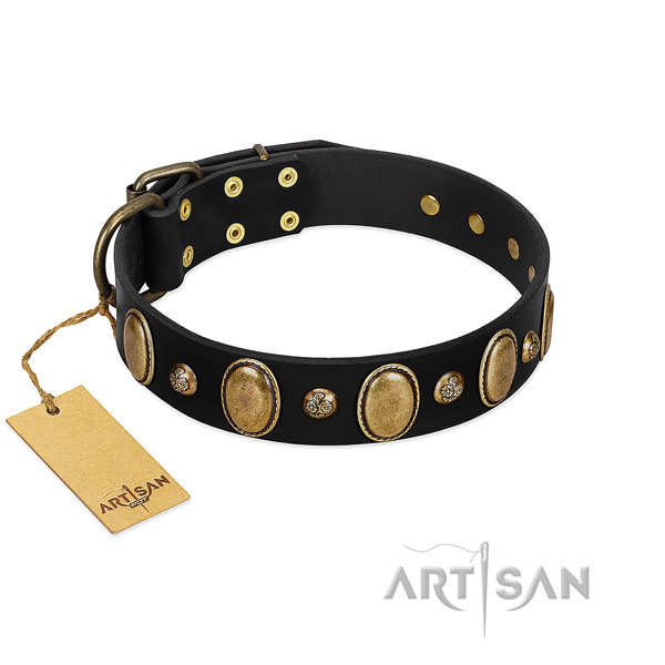 Full grain genuine leather dog collar of reliable material with exquisite embellishments