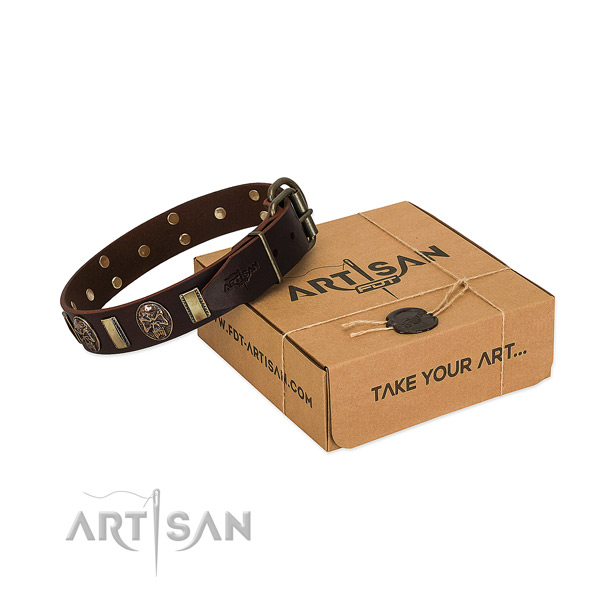 Adorned natural genuine leather collar for your impressive four-legged friend