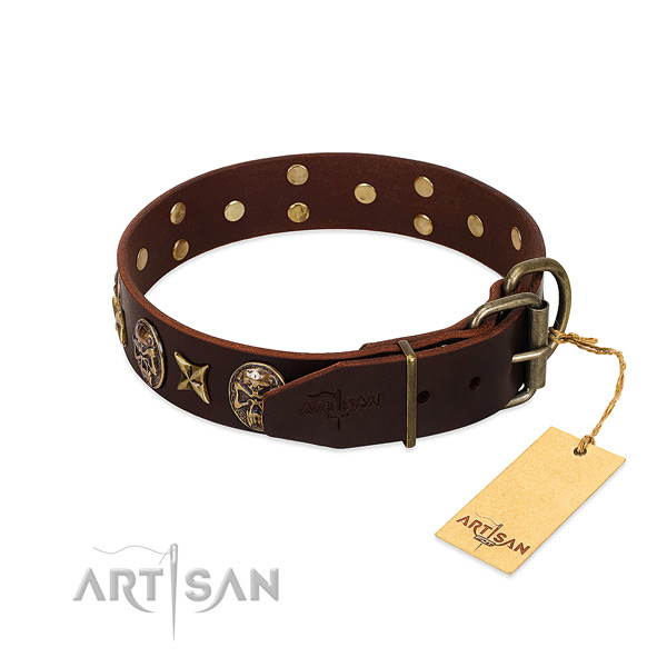 Durable studs on genuine leather dog collar for your four-legged friend