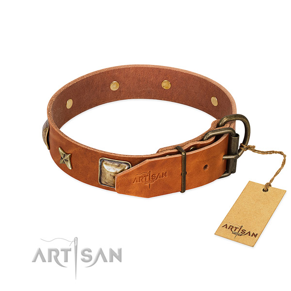 Natural genuine leather dog collar with rust resistant buckle and adornments