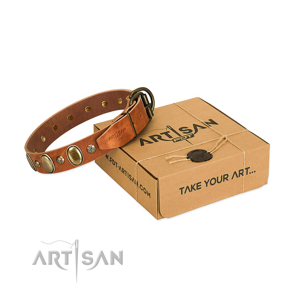 Fine quality full grain genuine leather dog collar with durable D-ring