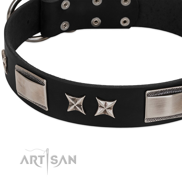 Gentle to touch leather dog collar with strong hardware