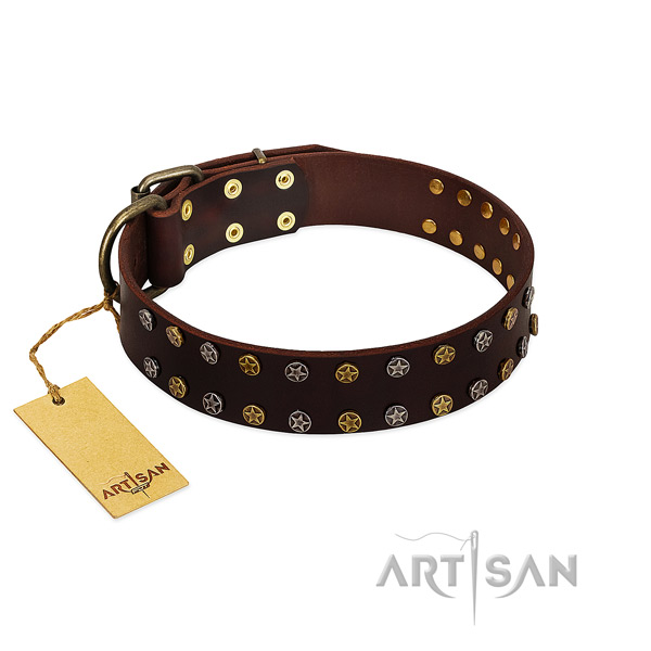 Handy use gentle to touch natural leather dog collar with embellishments