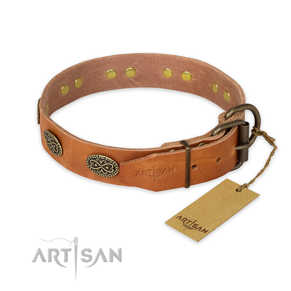 Strong hardware on natural genuine leather collar for fancy walking your doggie
