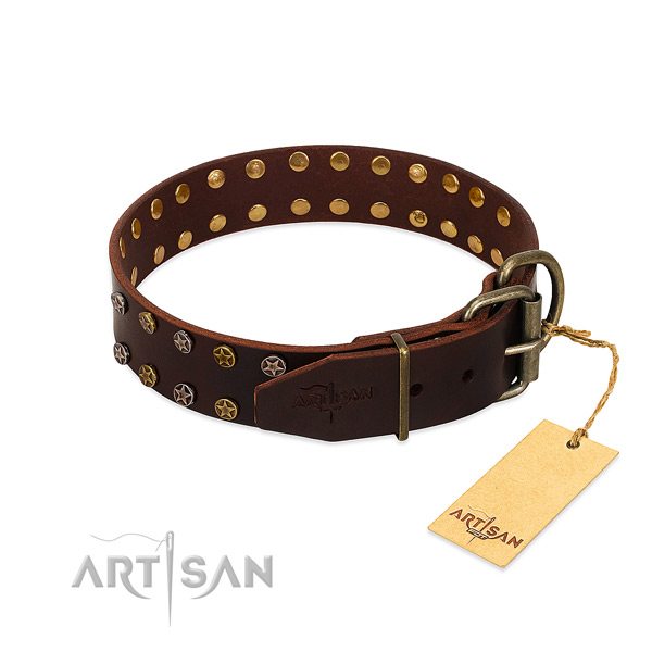 Handy use full grain natural leather dog collar with stunning embellishments