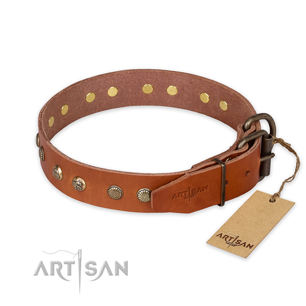 Reliable traditional buckle on full grain natural leather collar for your impressive doggie
