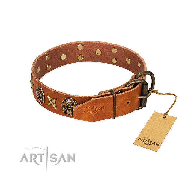 Genuine leather dog collar with corrosion resistant D-ring and decorations