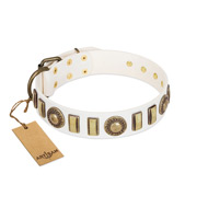 "Bowwow Finery" FDT Artisan White Leather dog Collar with Gold-Like Embellishments  "Bowwow Finery" FDT Artisan White Leather dog Collar with Gold-Like Embellishments